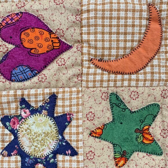 Handmade Patchwork Quilt Blanket Applique Moon Star Heart Multicolor Stripes Vtg - Picture 8 of 9